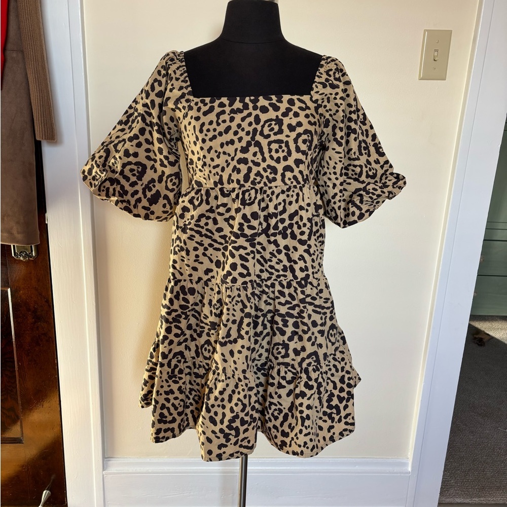 Faithfull the Brand Eryn Puff Sleeve Tiered Mini Dress Shamari Animal Print